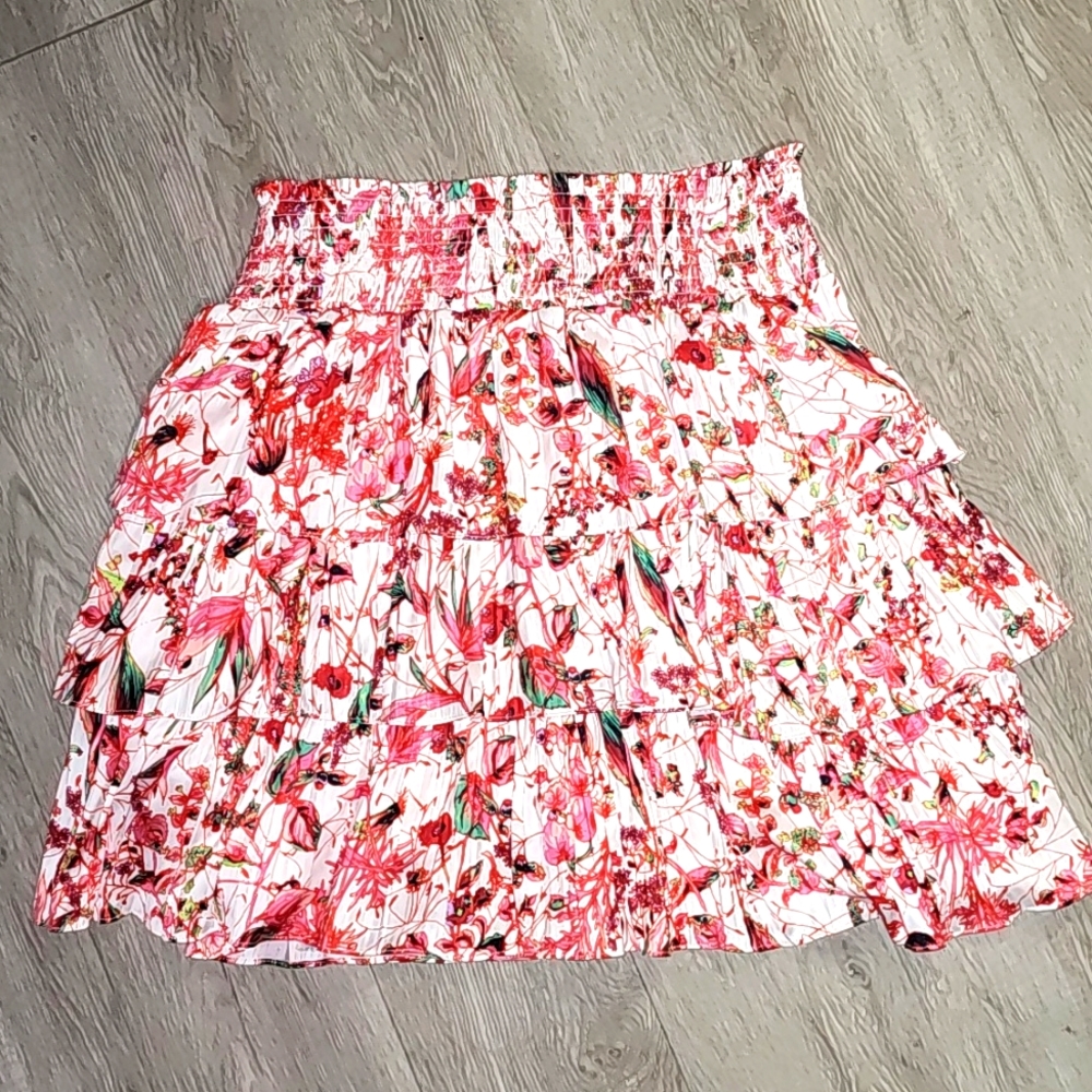 Anthropologie Floral Ruffle Skirt - Red and Pink